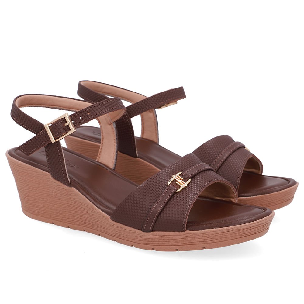 Sandália Salto Anabela Tira Couro Marrom Enfeite Marrom 2