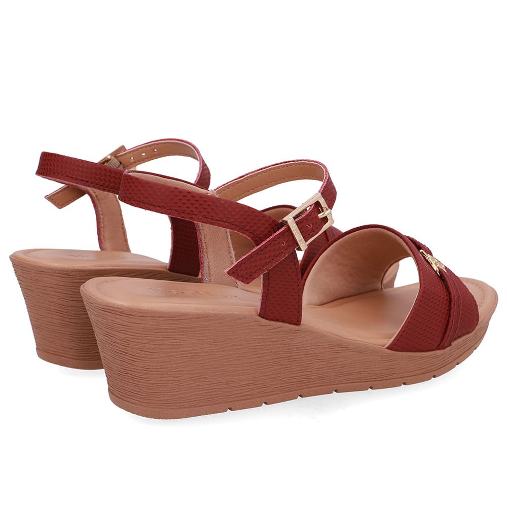 Sandália Salto Anabela Tira Couro Vermelha Enfeite Vermelho 2