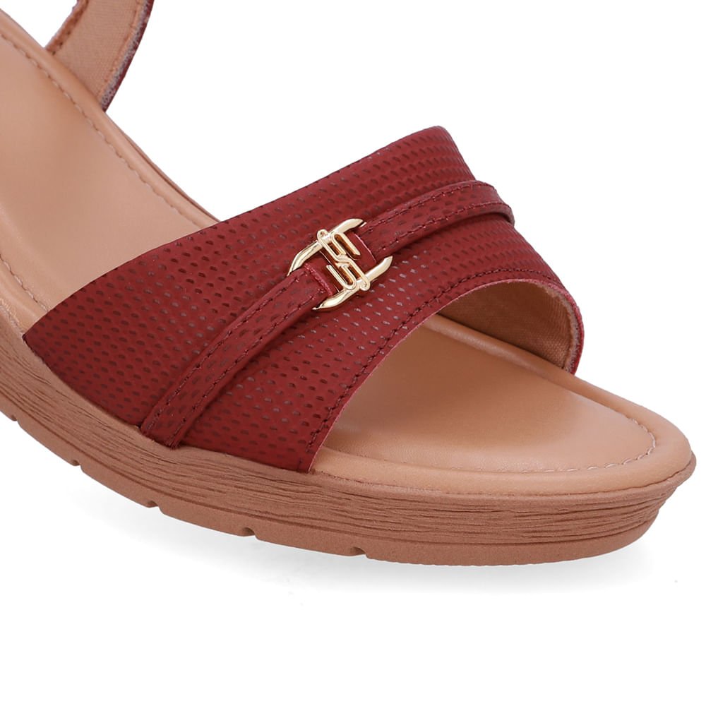 Sandália Salto Anabela Tira Couro Vermelha Enfeite Vermelho 3