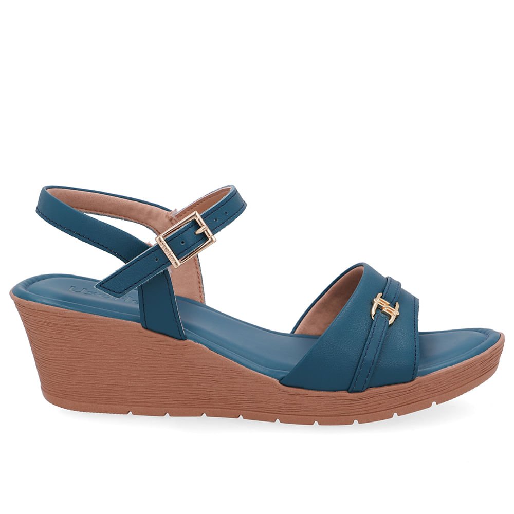 Sandália Salto Anabela Tira Couro Azul Enfeite Azul 1