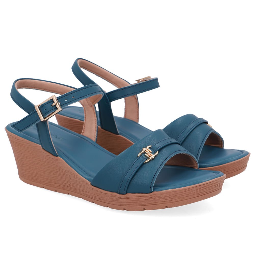 Sandália Salto Anabela Tira Couro Azul Enfeite Azul 2