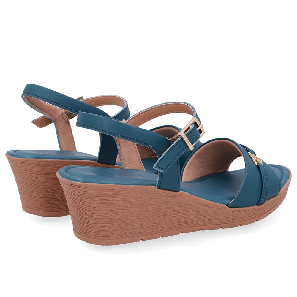 Sandália Salto Anabela Tira Couro Azul Enfeite Azul 3