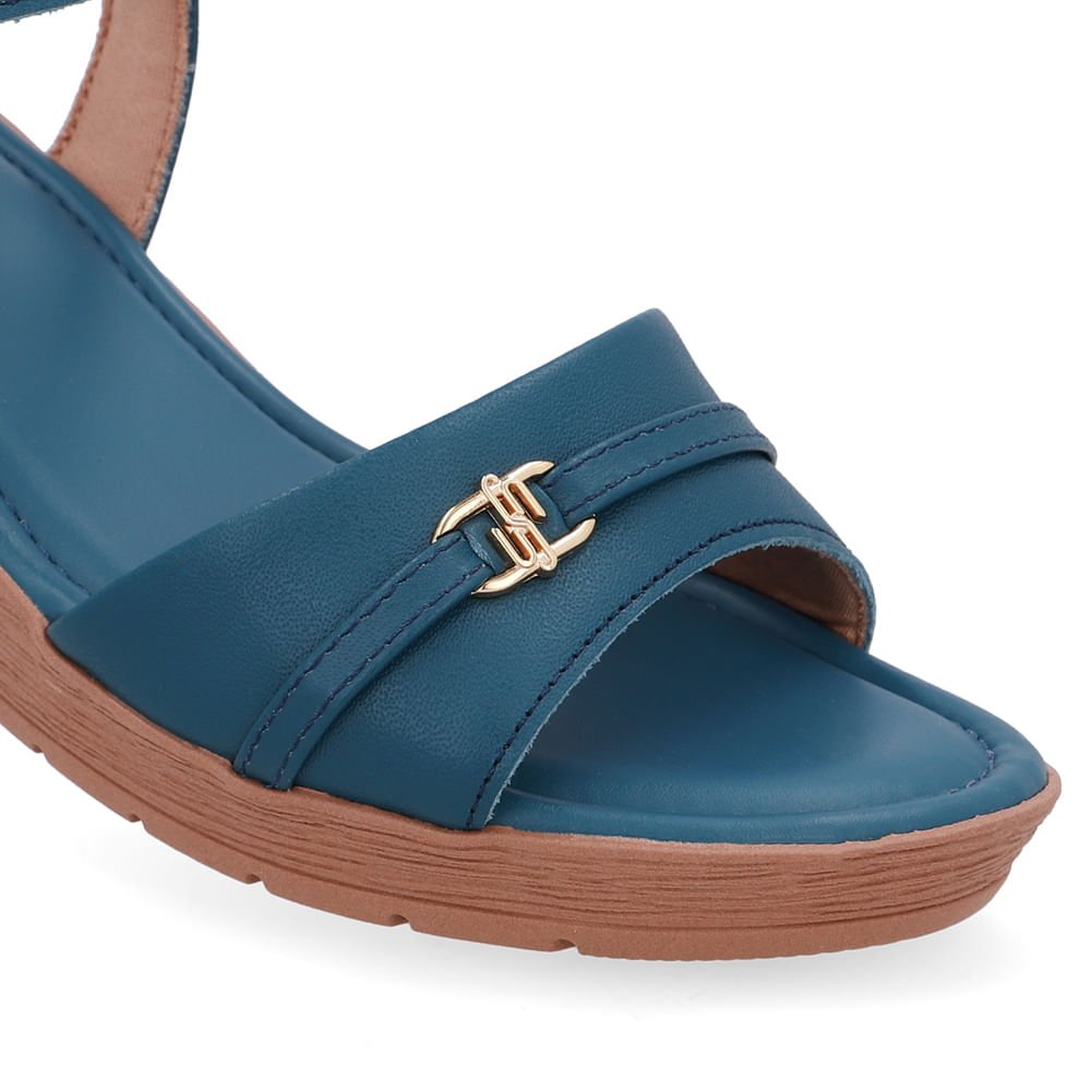 Sandália Salto Anabela Tira Couro Azul Enfeite Azul 4