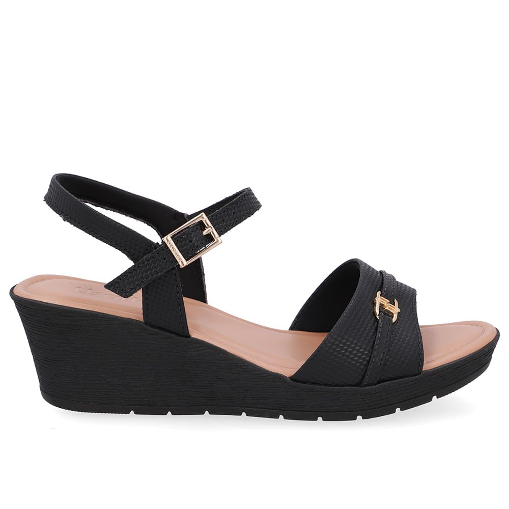 Sandália Salto Anabela Tira Couro Preta Enfeite