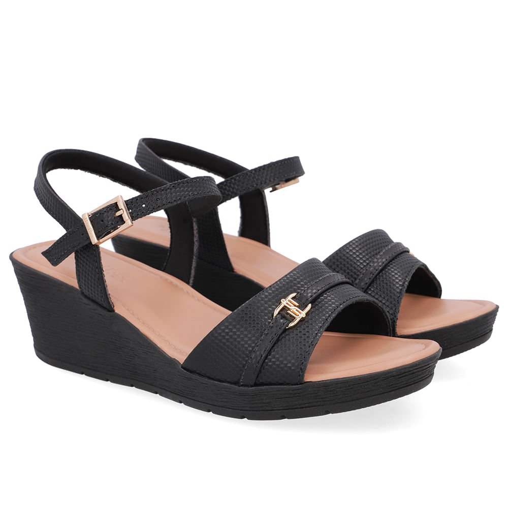 Sandália Salto Anabela Tira Couro Preta Enfeite Preto 2