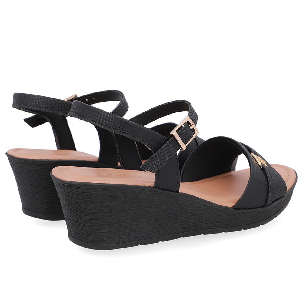 Sandália Salto Anabela Tira Couro Preta Enfeite Preto 3