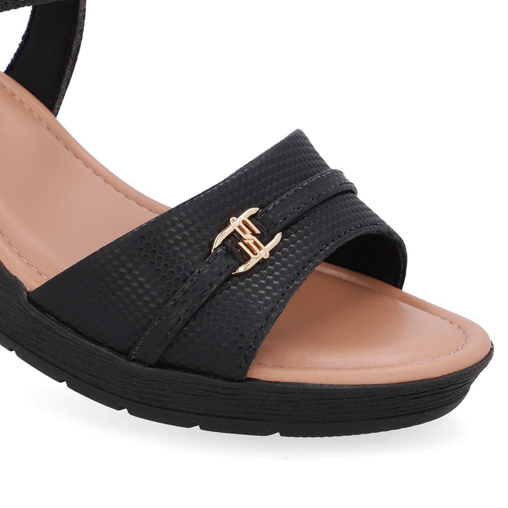 Sandália Salto Anabela Tira Couro Preta Enfeite Preto 4