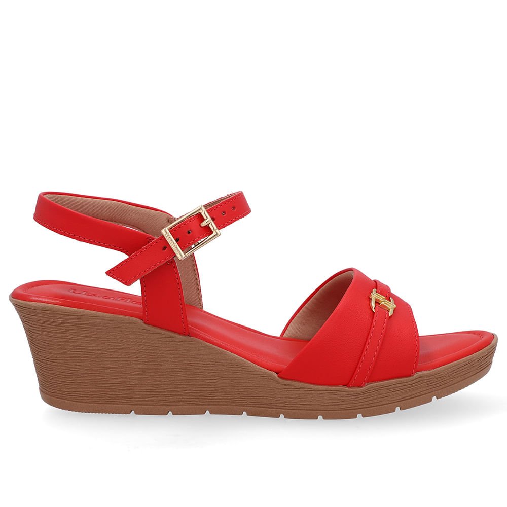 Sandália Salto Anabela Tira Couro Vermelha Enfeite