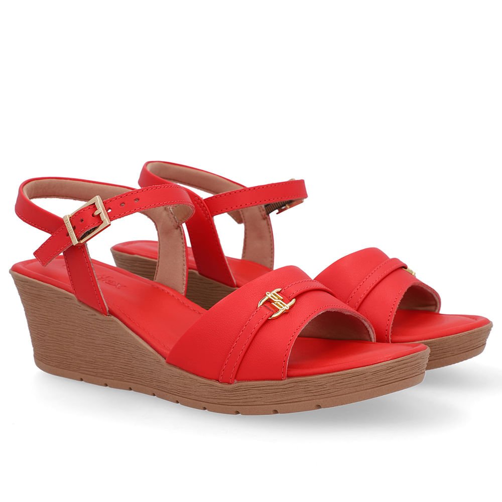 Sandália Salto Anabela Tira Couro Vermelha Enfeite Vermelho 2