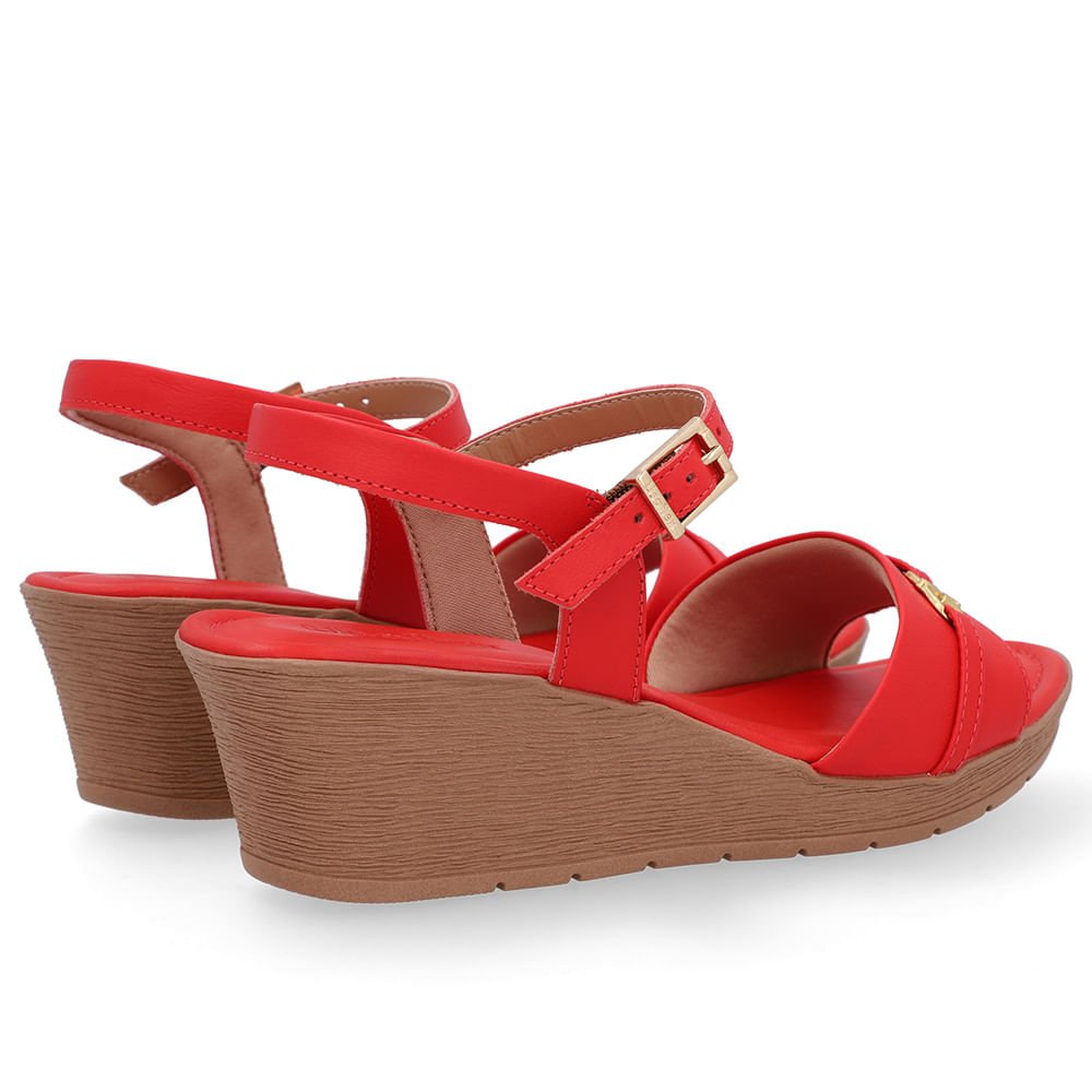 Sandália Salto Anabela Tira Couro Vermelha Enfeite Vermelho 3