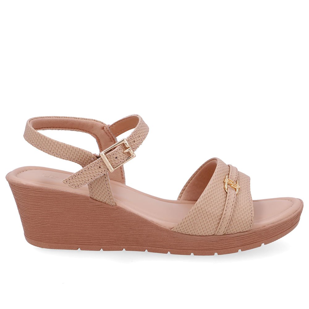 Sandália Salto Anabela Tira Couro Bege Enfeite