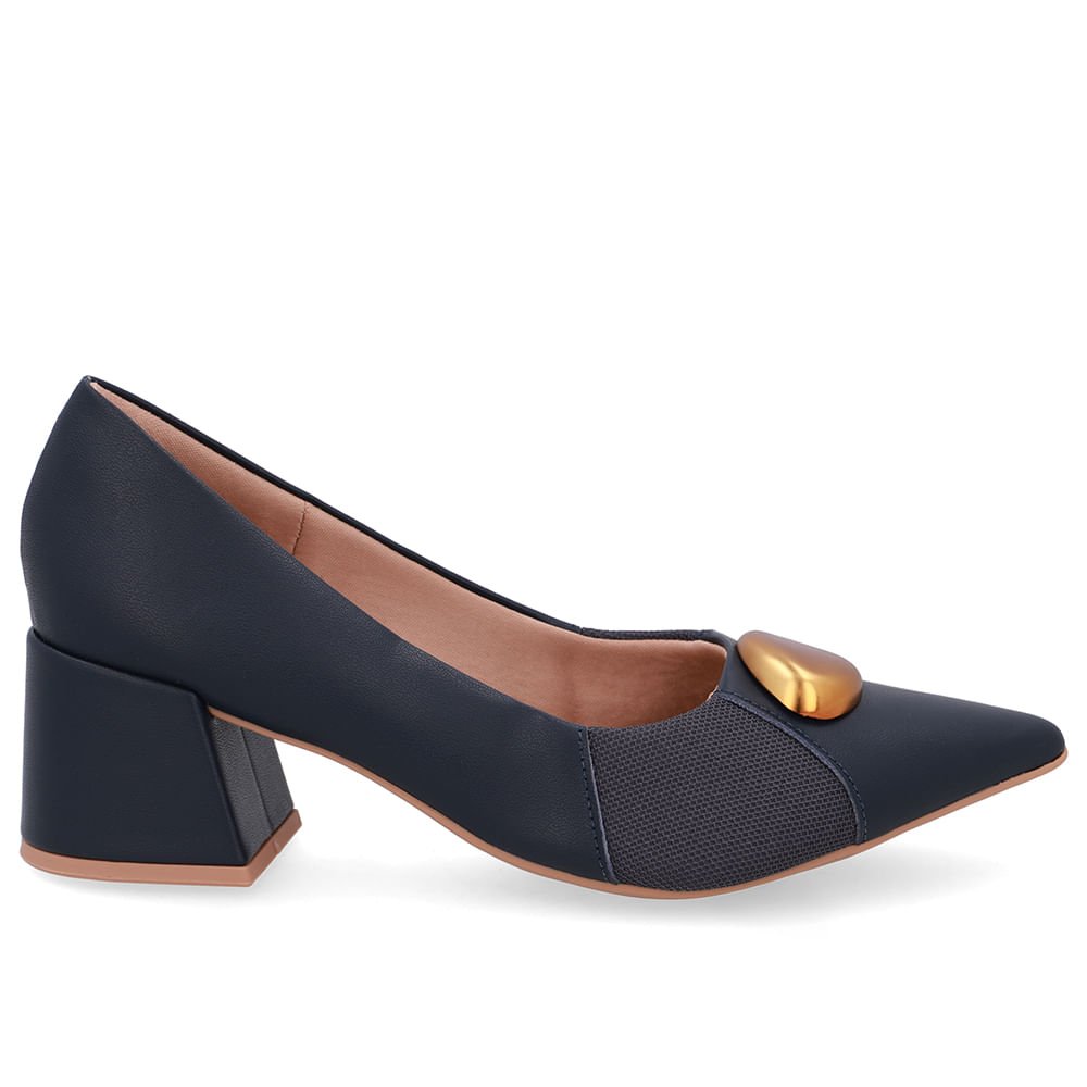 Scarpin Couro Azul Bico Fino Lateral Tecido