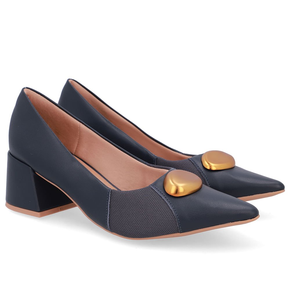 Scarpin Couro Azul Bico Fino Lateral Tecido Azul 2
