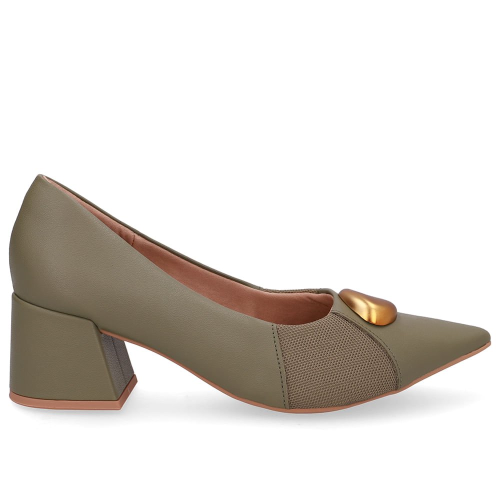 Scarpin Couro Verde Bico Fino Lateral Tecido
