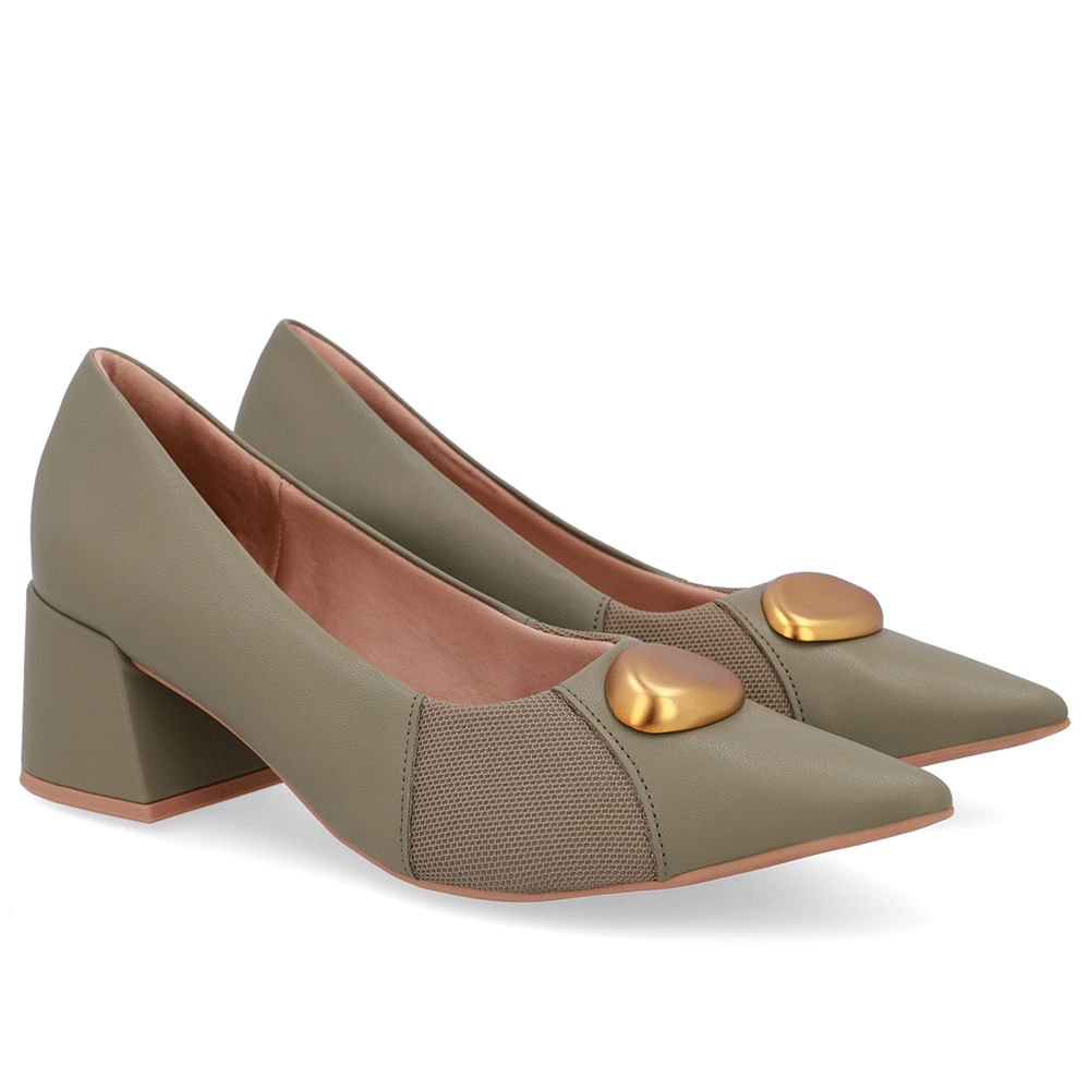 Scarpin Couro Verde Bico Fino Lateral Tecido Verde 2