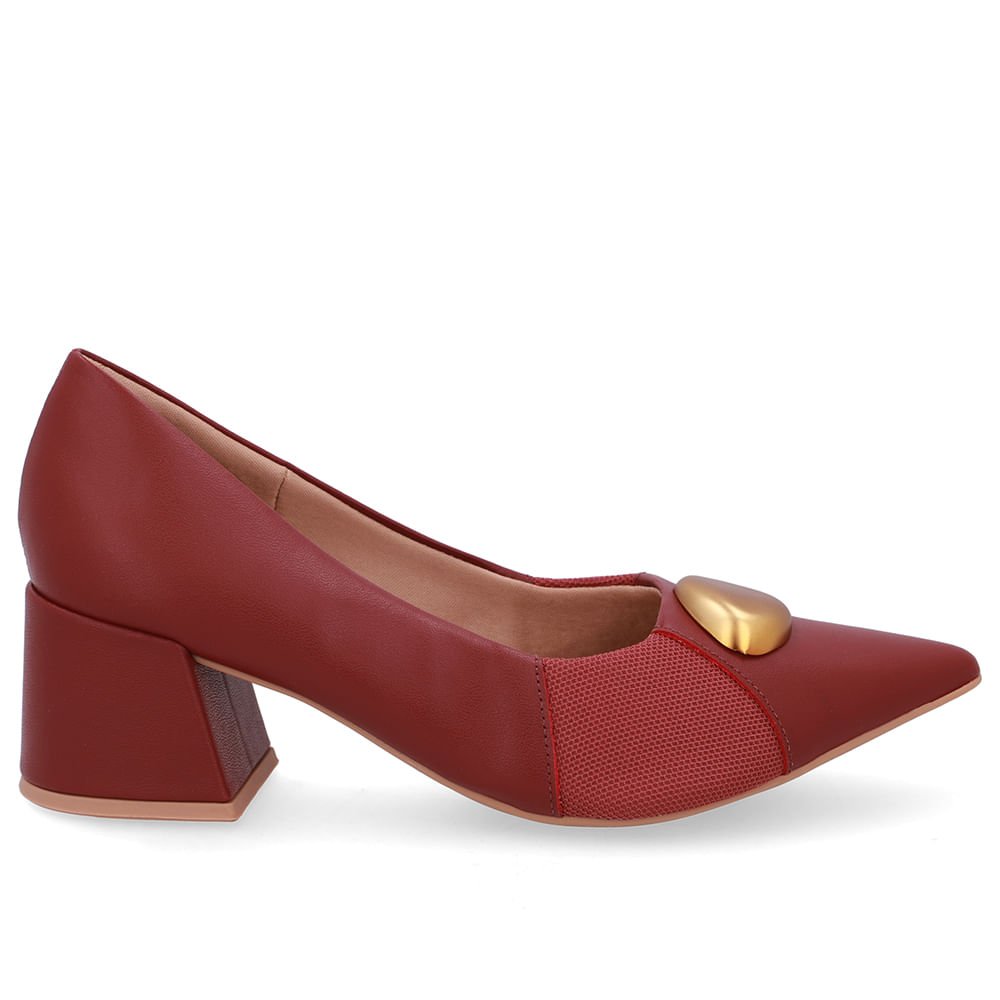 Scarpin Couro Vermelho Bico Fino Lateral Tecido