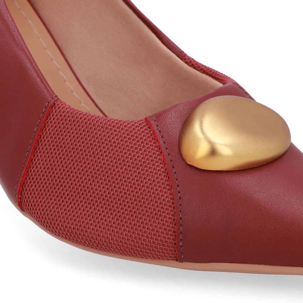 Scarpin Couro Vermelho Bico Fino Lateral Tecido Vermelho 2