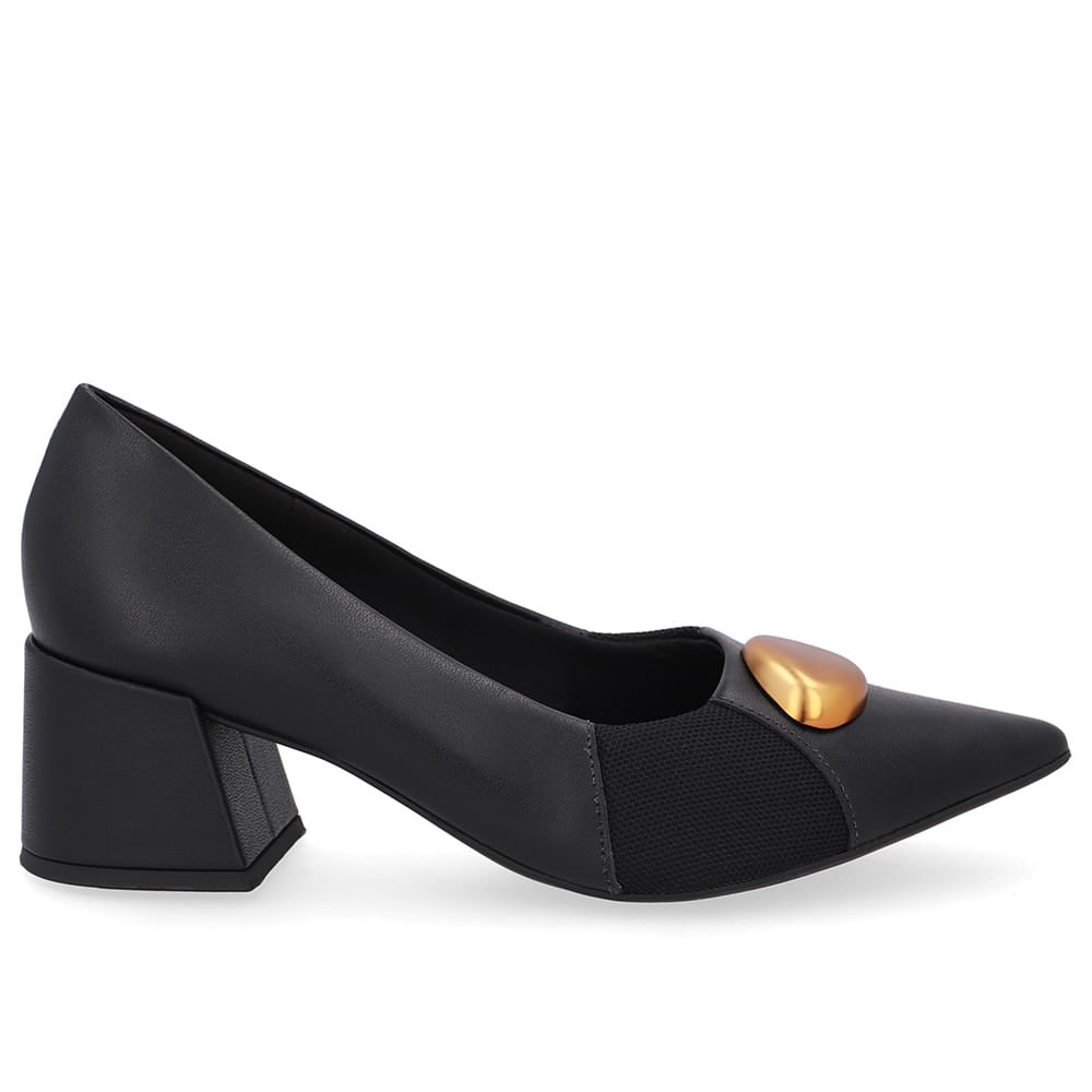 Scarpin Couro Preto Bico Fino Lateral Tecido