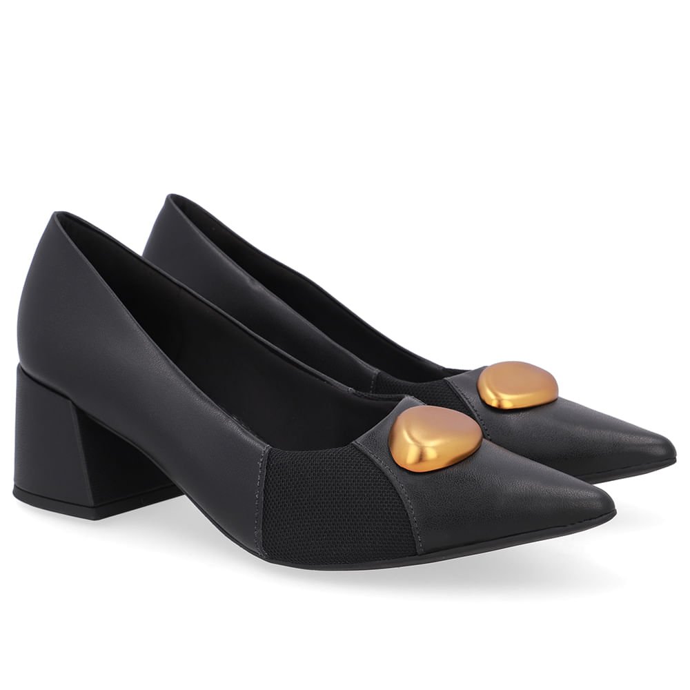 Scarpin Couro Preto Bico Fino Lateral Tecido Preto 2