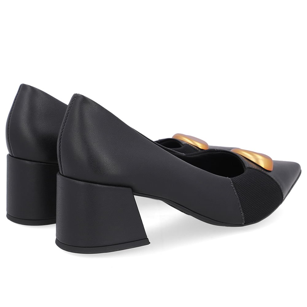 Scarpin Couro Preto Bico Fino Lateral Tecido Preto 3