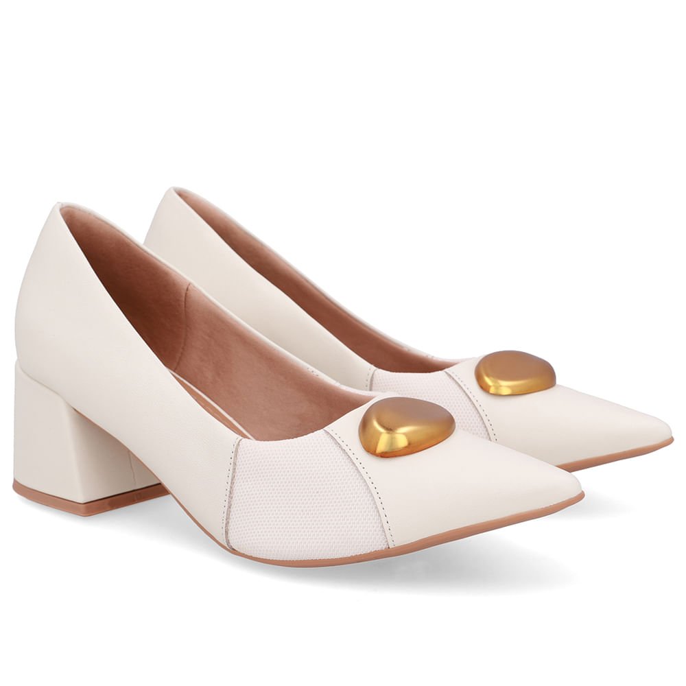 Scarpin Couro Branco Marfim Bico Fino Lateral Tecido Marfim 2