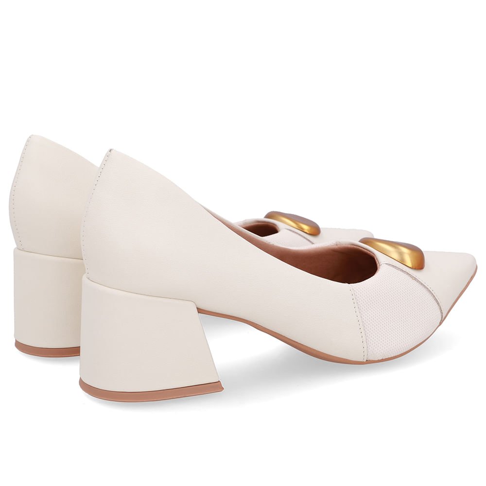 Scarpin Couro Branco Marfim Bico Fino Lateral Tecido Marfim 3