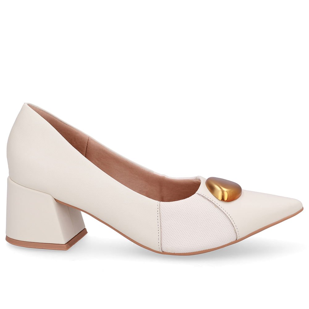 Scarpin Couro Branco Marfim Bico Fino Lateral Tecido