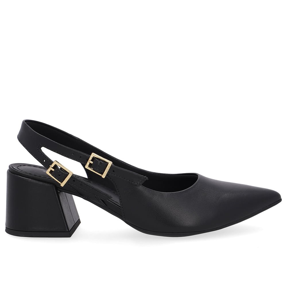 Slingback Preto Salto Bloco Couro Tira Dupla Lateral