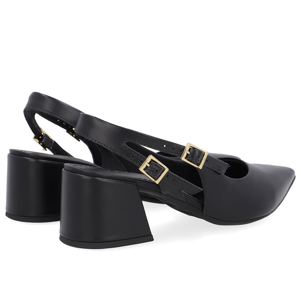 Slingback Preto Salto Bloco Couro Tira Dupla Lateral Preto 3