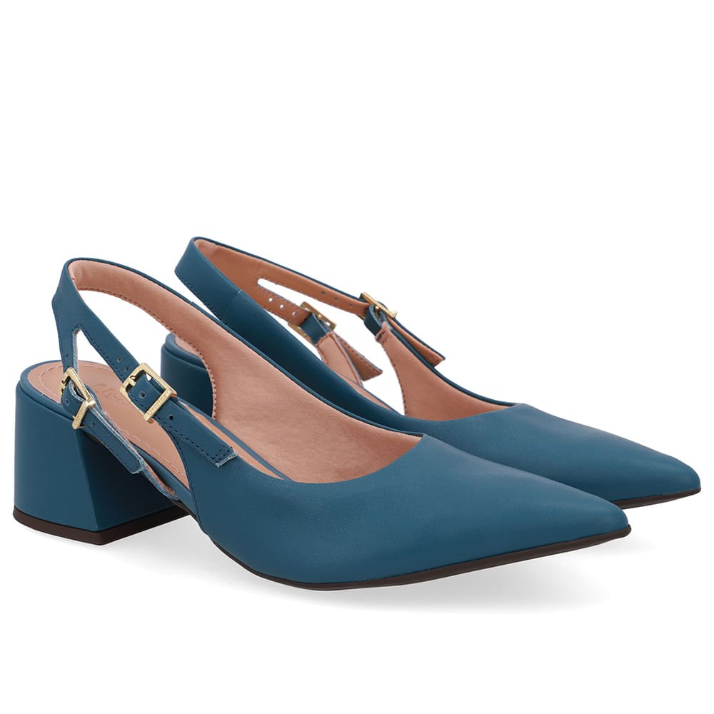 Slingback Azul Salto Bloco Couro Tira Dupla Lateral Azul 2