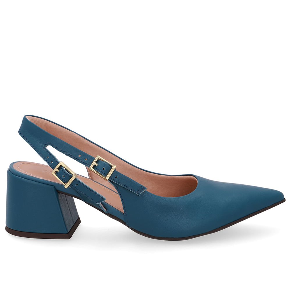 Slingback Azul Salto Bloco Couro Tira Dupla Lateral