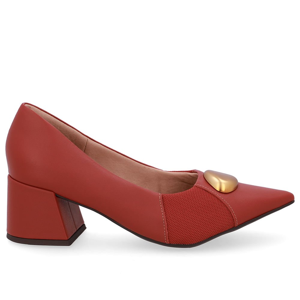 Scarpin Couro Marrom Bico Fino Lateral Tecido