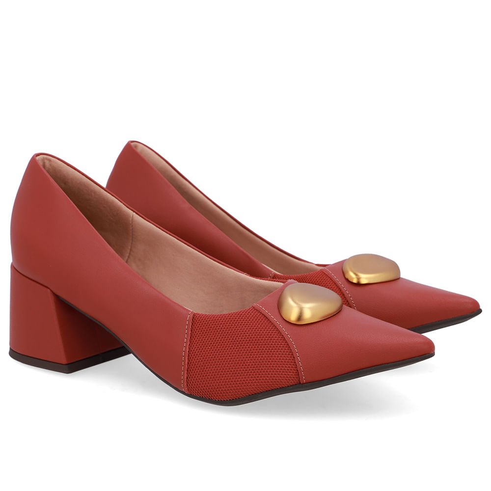 Scarpin Couro Marrom Bico Fino Lateral Tecido Marrom 2