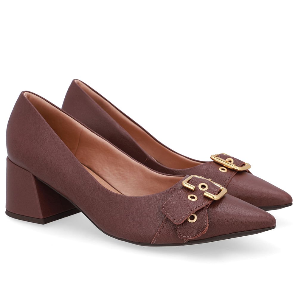 Scarpin Marrom Salto Bico Fino Fivela Marrom 2