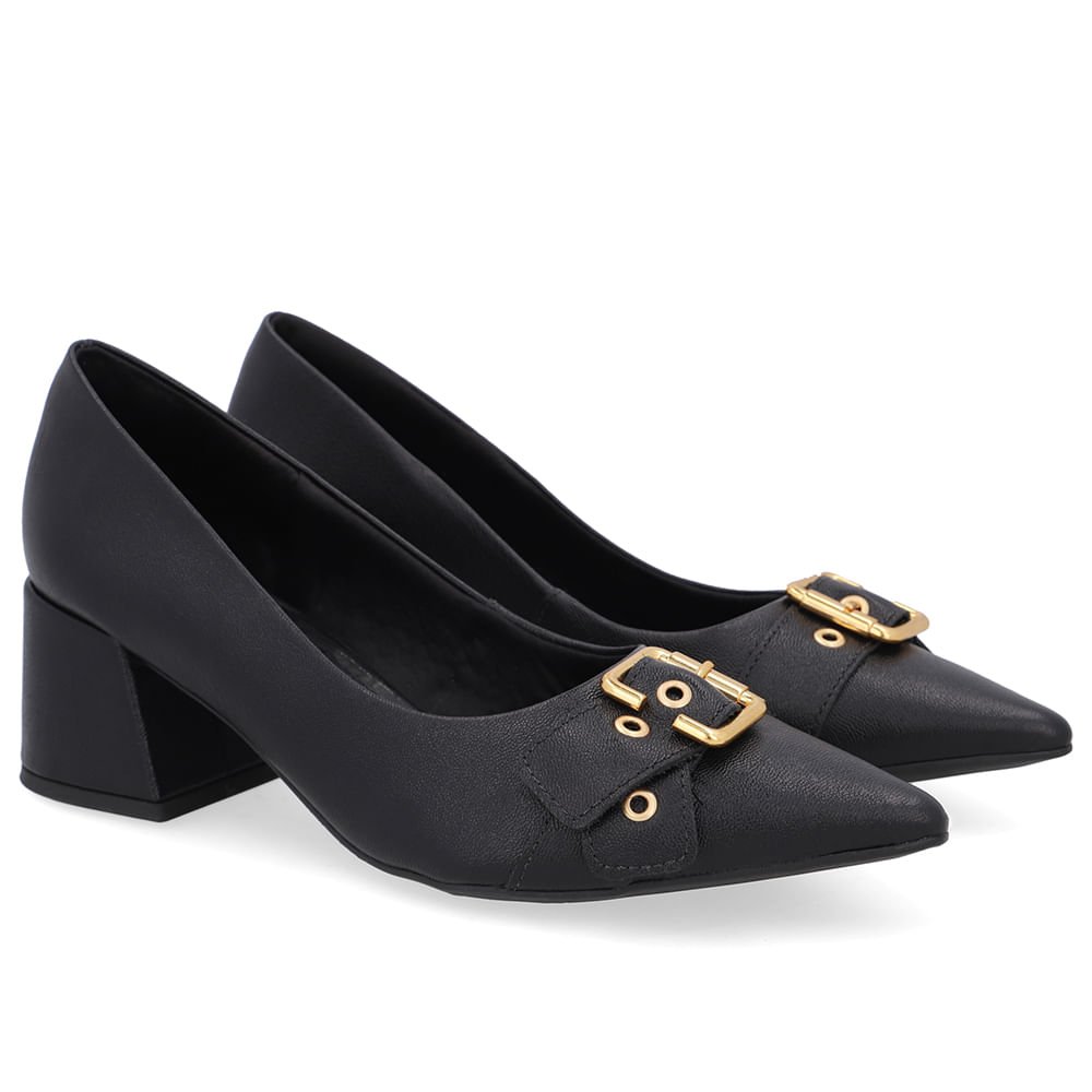 Scarpin Preto Salto Bico Fino Fivela Preto 2