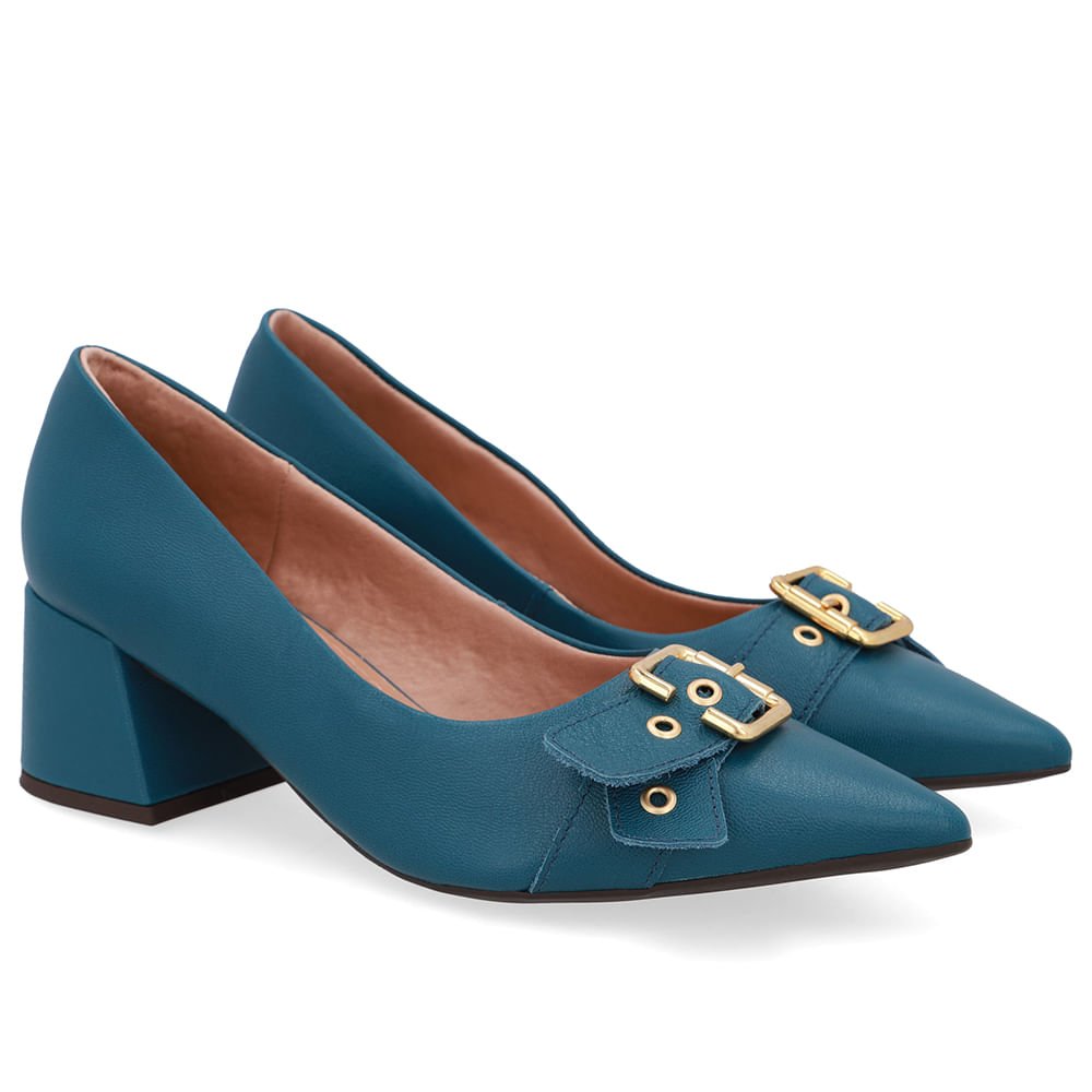 Scarpin Azul Salto Bico Fino Fivela Azul 2