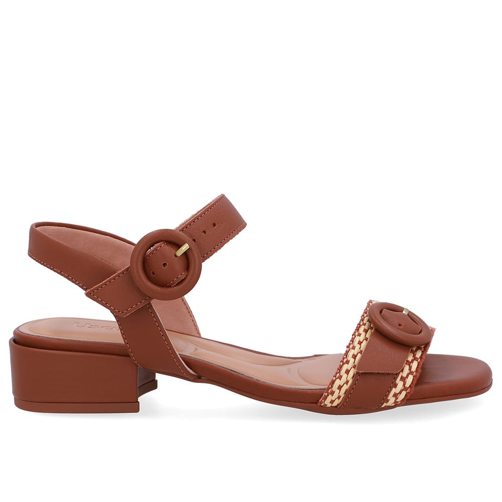 Sandália Couro Marrom Tira Detalhe Palha