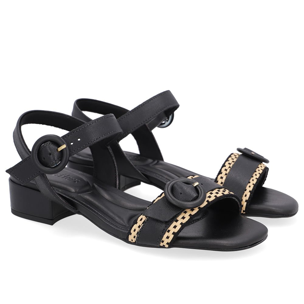 Sandália Couro Preta Tira Detalhe Palha Preto 2