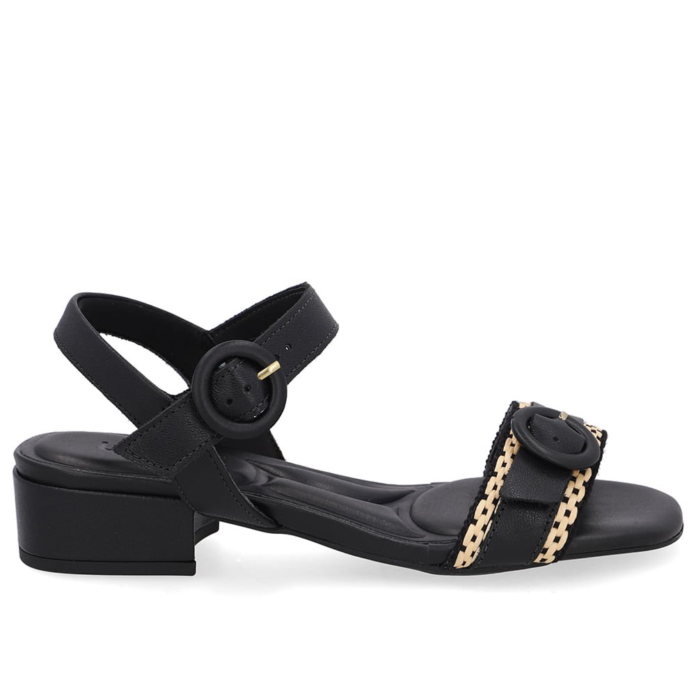 Sandália Couro Preta Tira Detalhe Palha