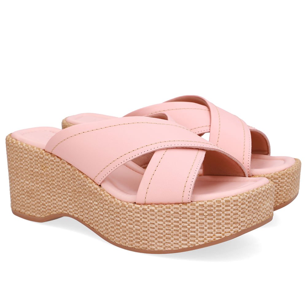 Tamanco Plataforma Palha Couro Laranja Rosa 2