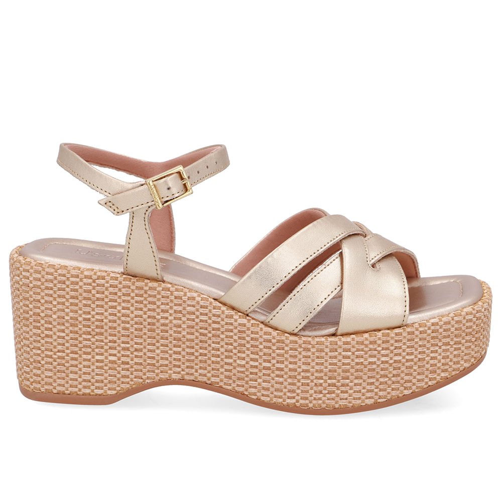 Sandália Plataforma Palha Couro Dourada