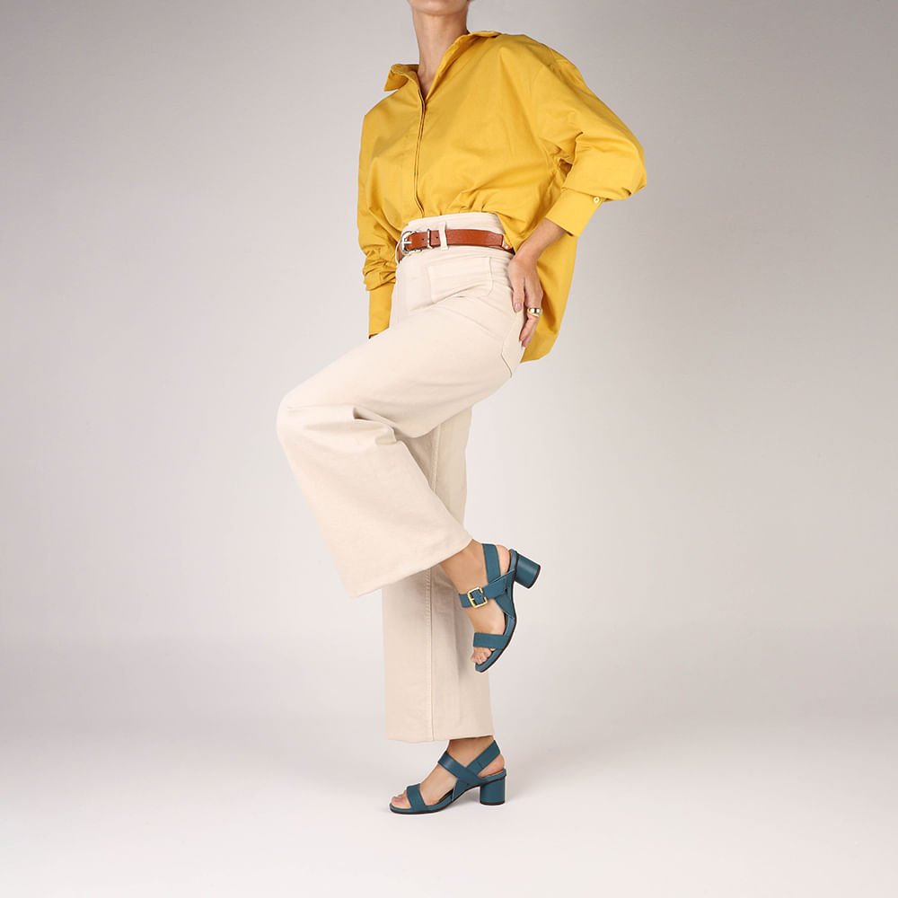 Sandália Salto Bloco Redondo Couro Azul Azul 4