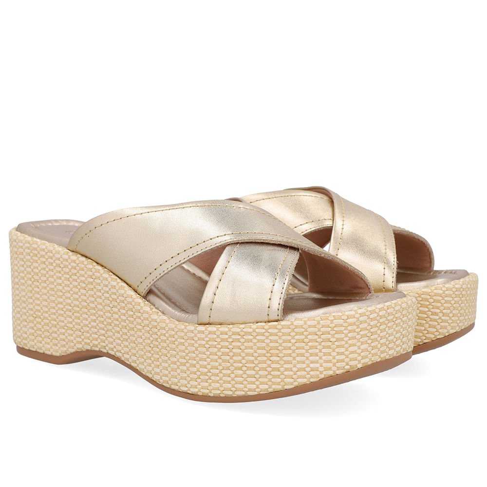 Tamanco Plataforma Palha Couro Dourado Dourado 2