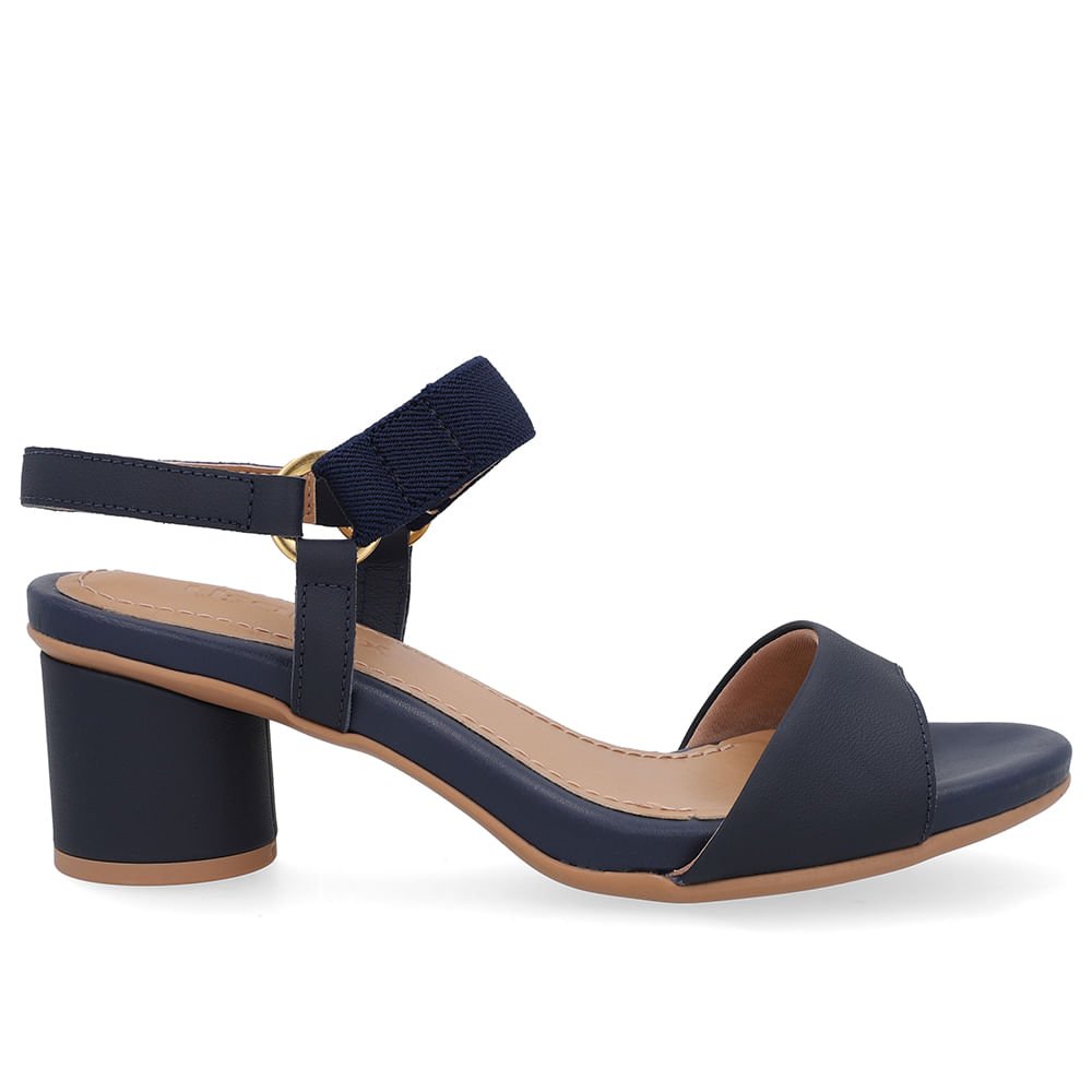 Sandália Salto Bloco Redondo Couro Azul Tira Elástico