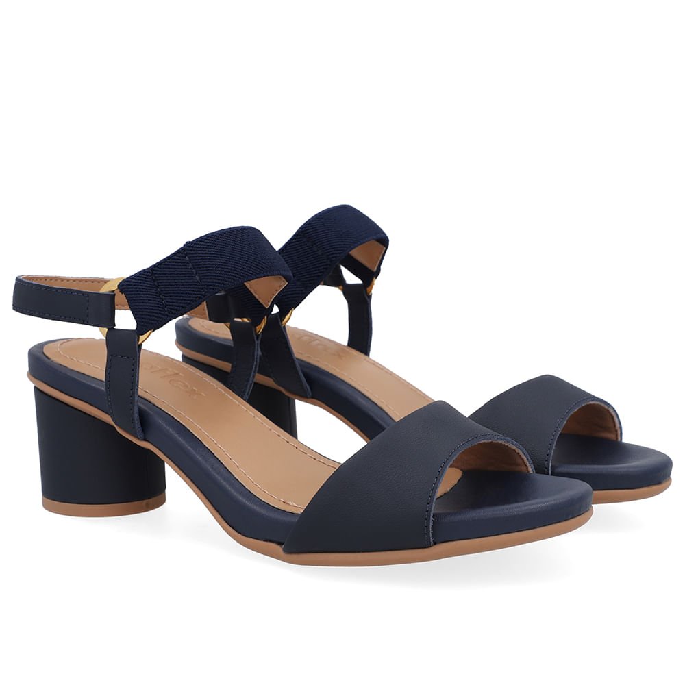 Sandália Salto Bloco Redondo Couro Azul Tira Elástico Azul 2