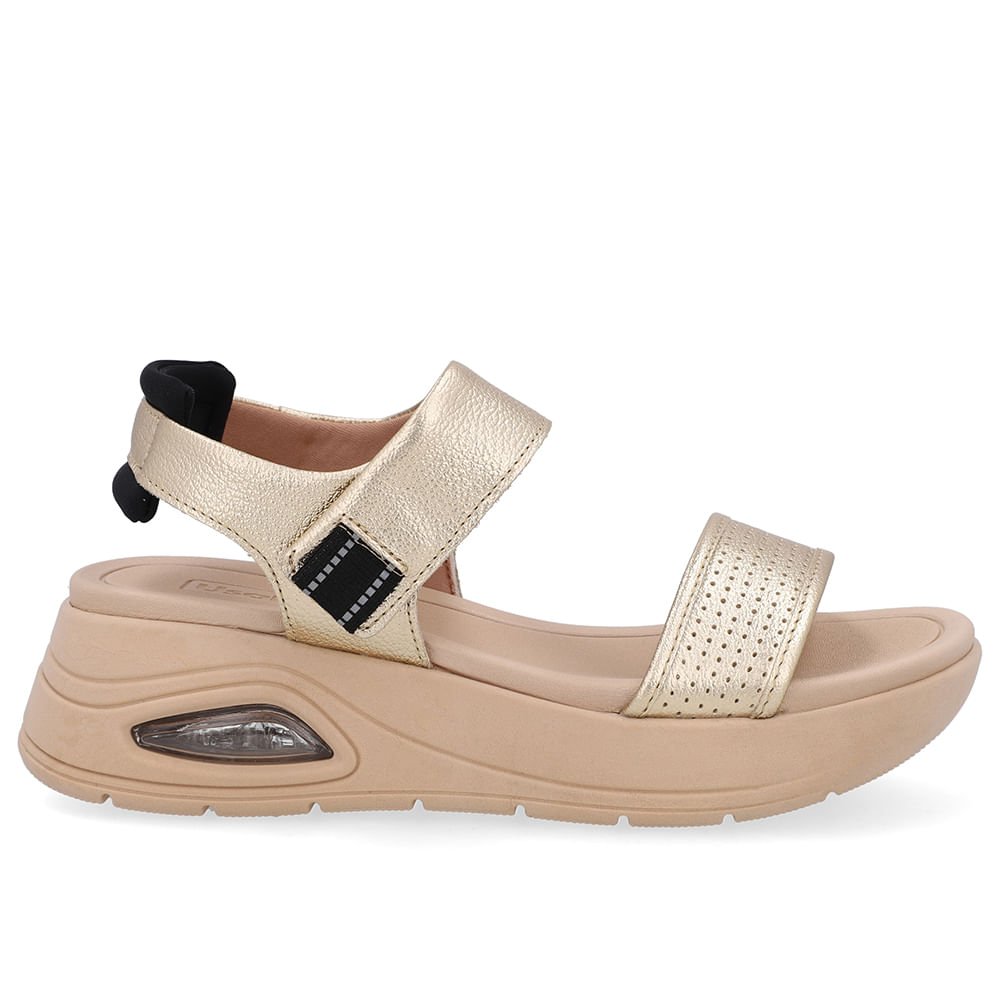 Sandália Salto Plataforma Couro Dourada Fecho-Flex