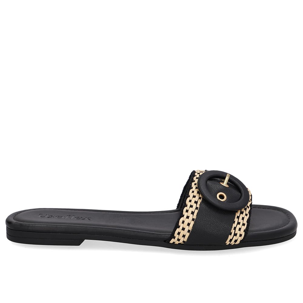 Rasteira Bico Quadrado Couro Preta Palha