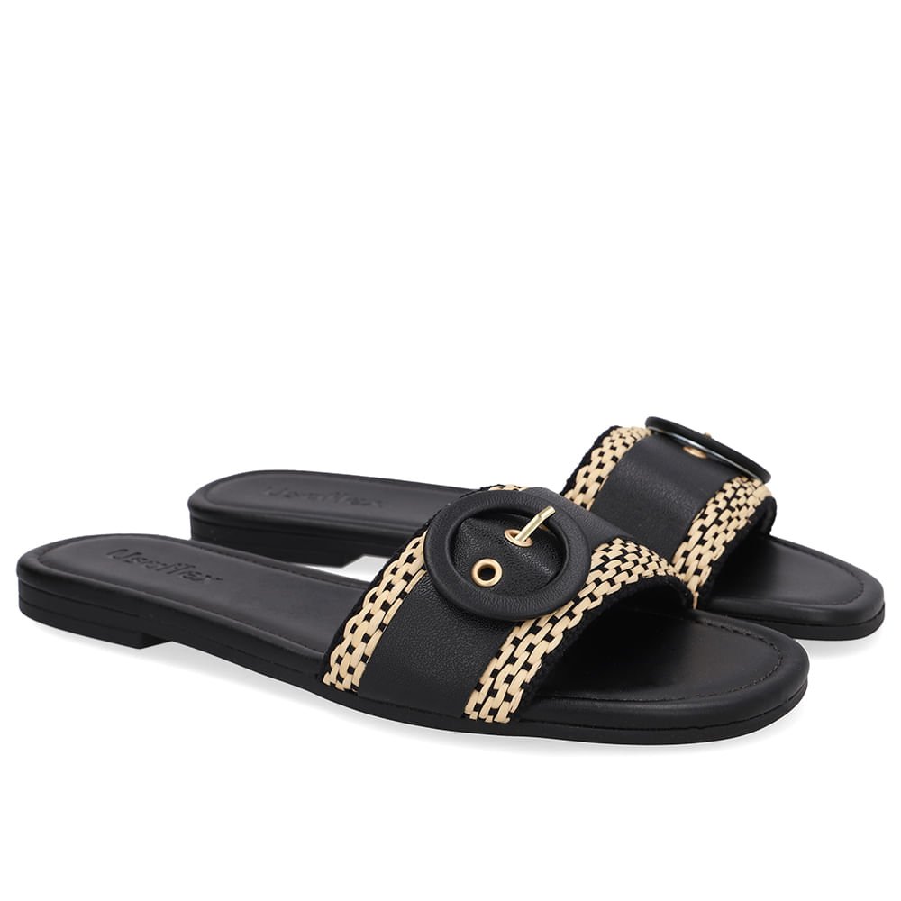 Rasteira Bico Quadrado Couro Preta Palha Preto 2