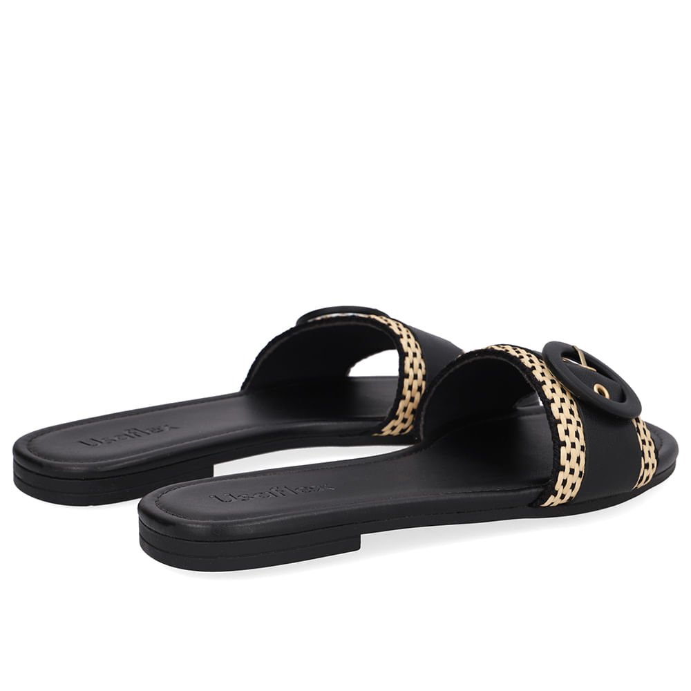 Rasteira Bico Quadrado Couro Preta Palha Preto 3