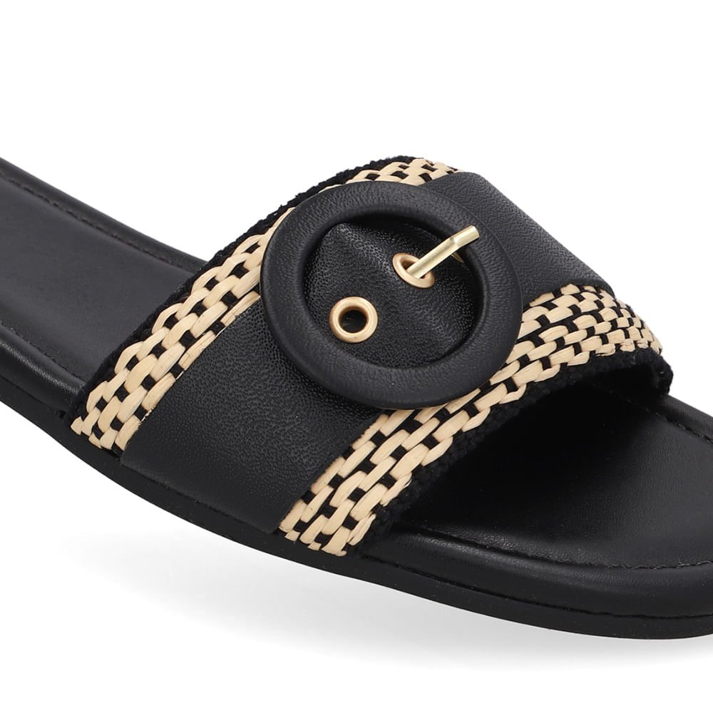 Rasteira Bico Quadrado Couro Preta Palha Preto 4